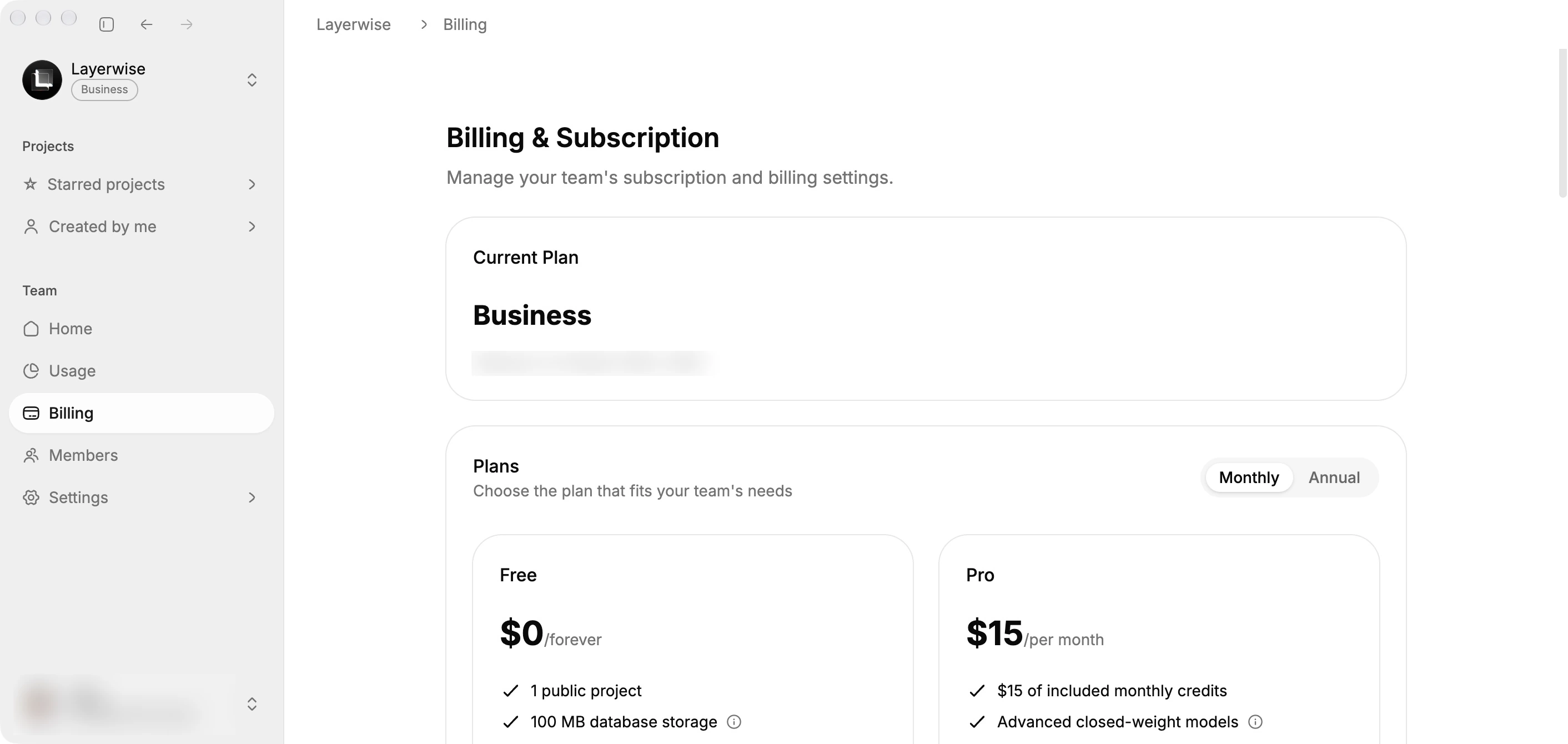 Team Billing page showing subscription controls with financial details blurred