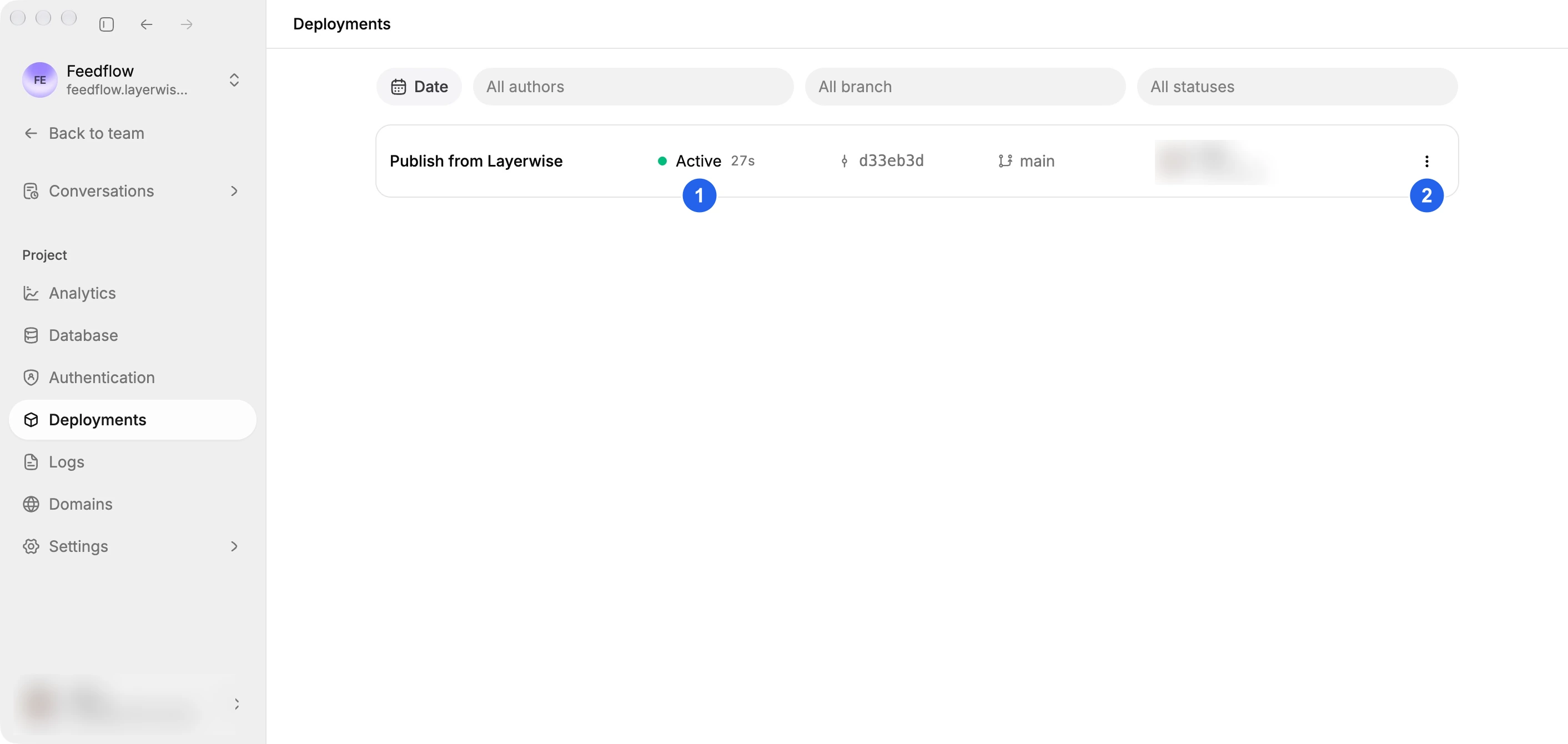 Deployments page with the active release and release actions marked; publisher details are blurred