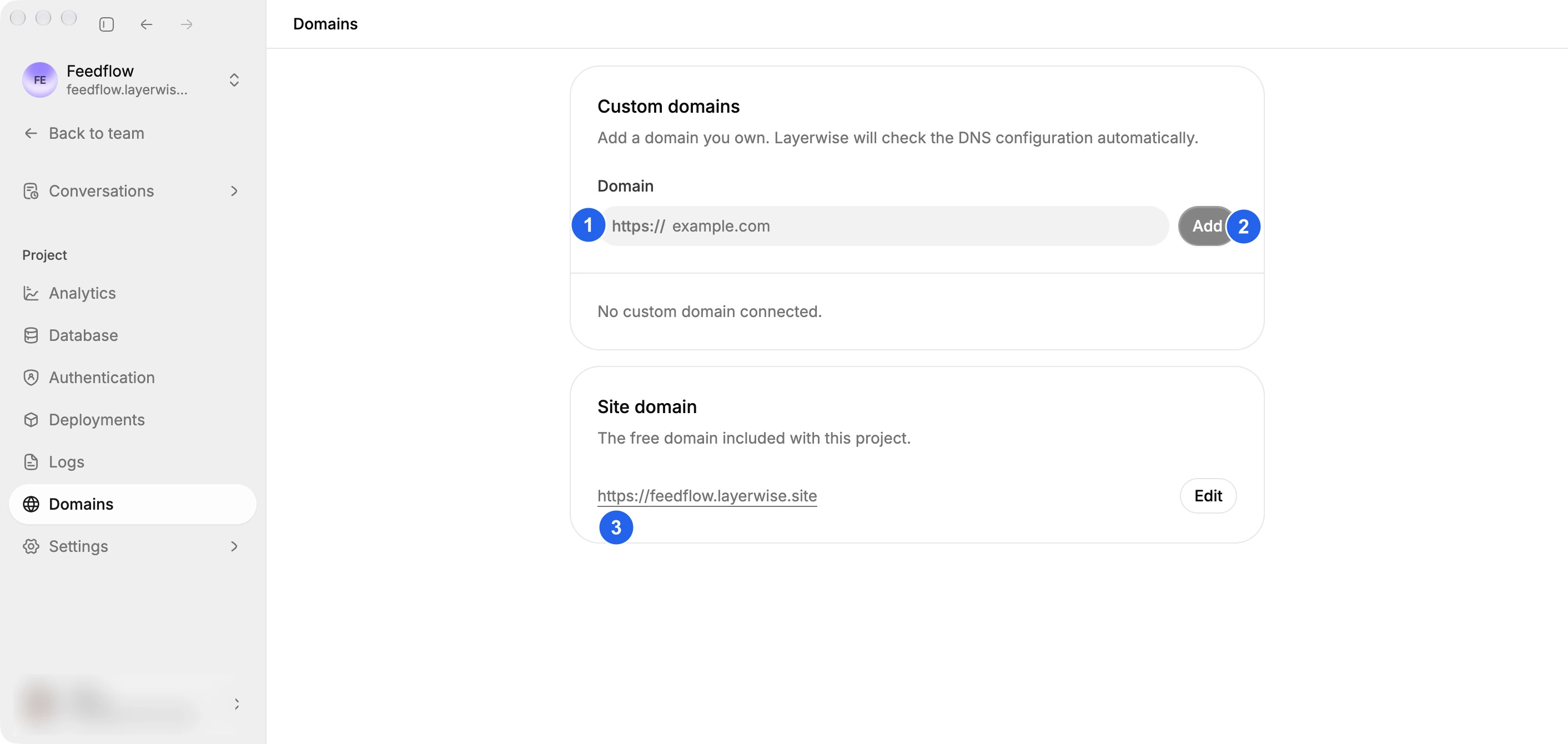 Domains page with the hostname field, Add button, and site domain marked