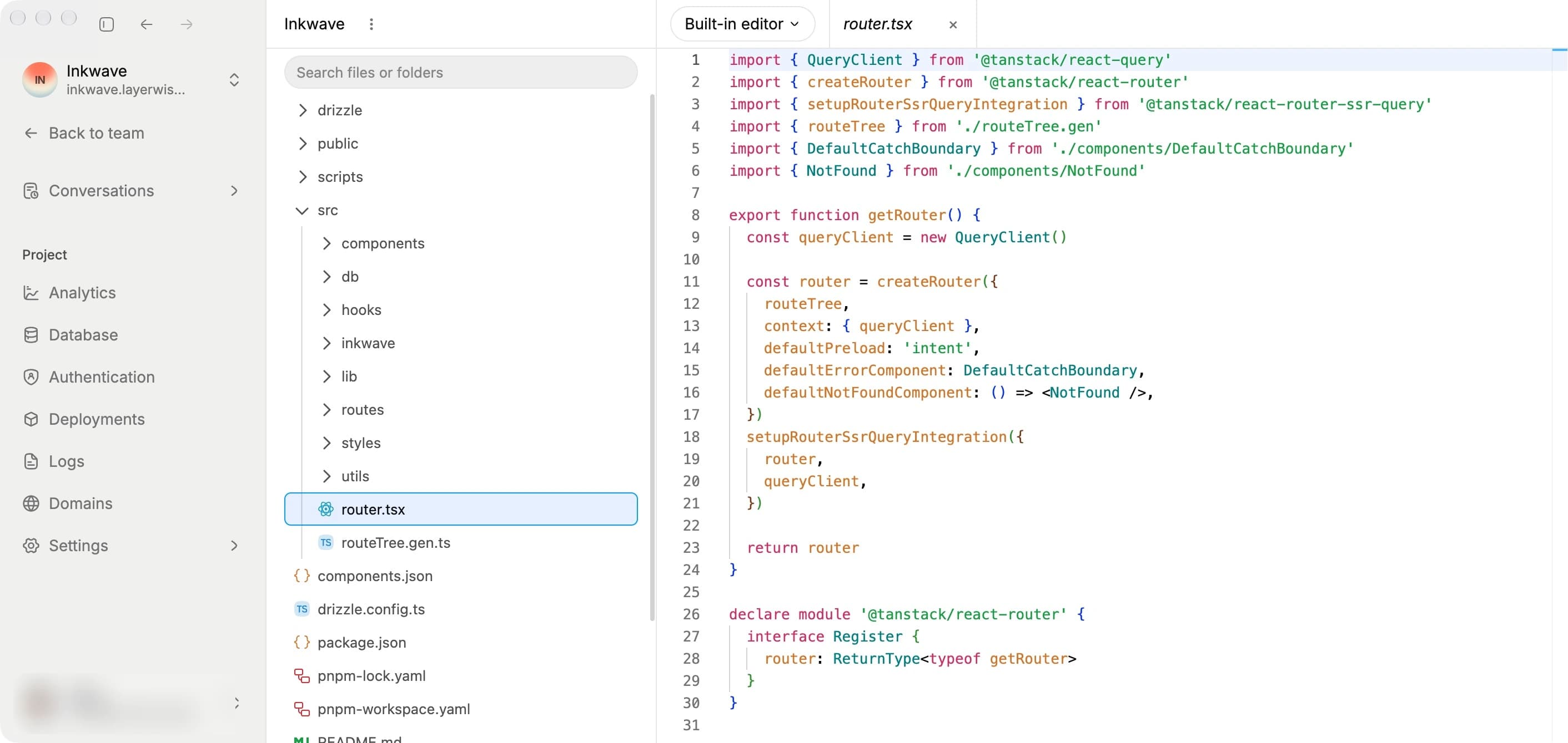 Built-in editor showing the project file tree and source code