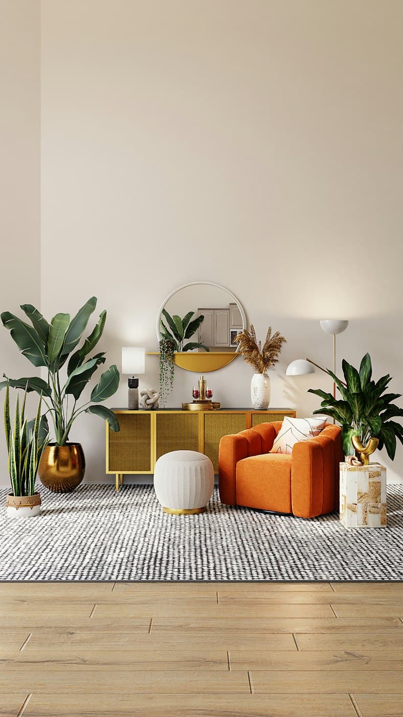 A sunny living room with plants and an orange armchair