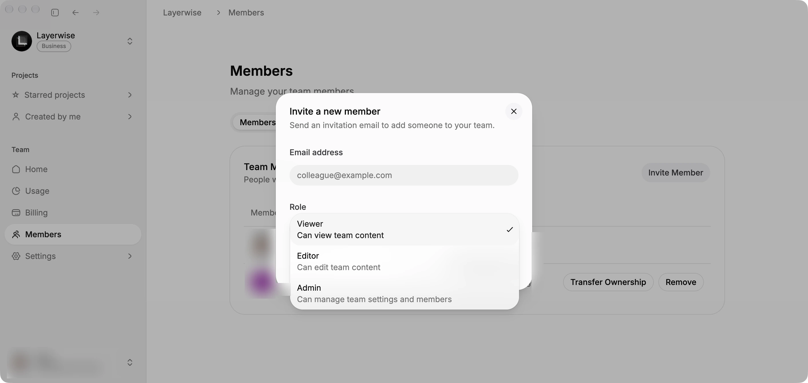 Invite Member dialog with the role menu open