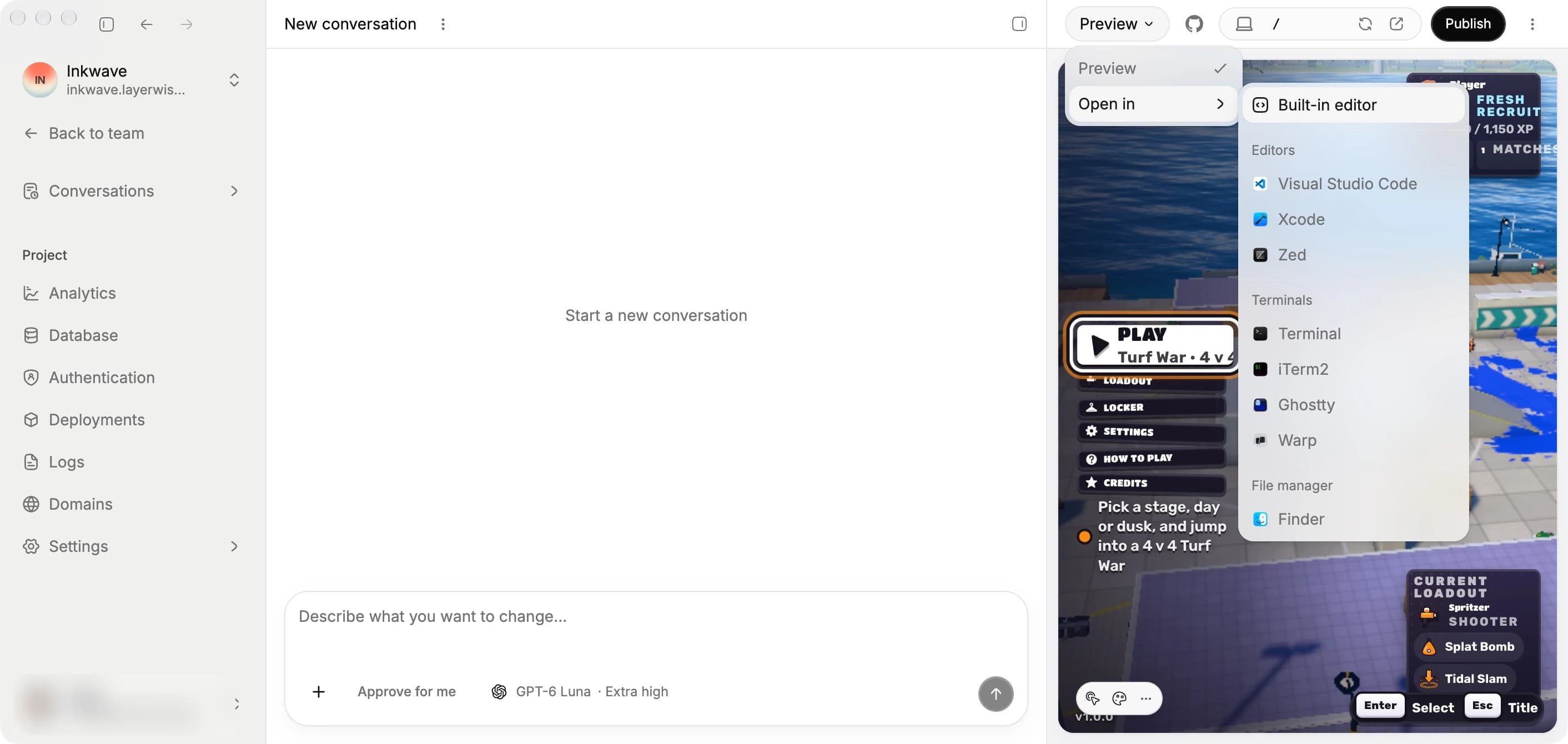 Open in menu listing the built-in editor and installed apps for opening the workspace