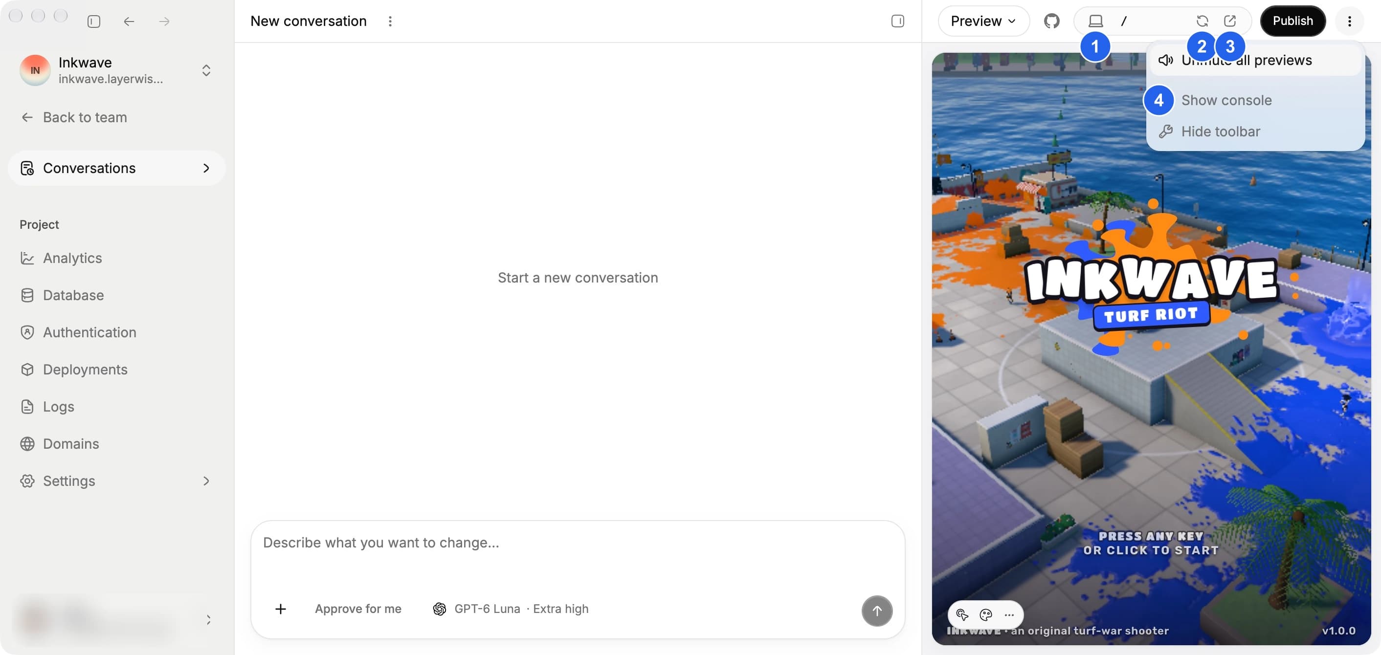 Preview header with device widths, refresh, browser opening, and Project actions marked