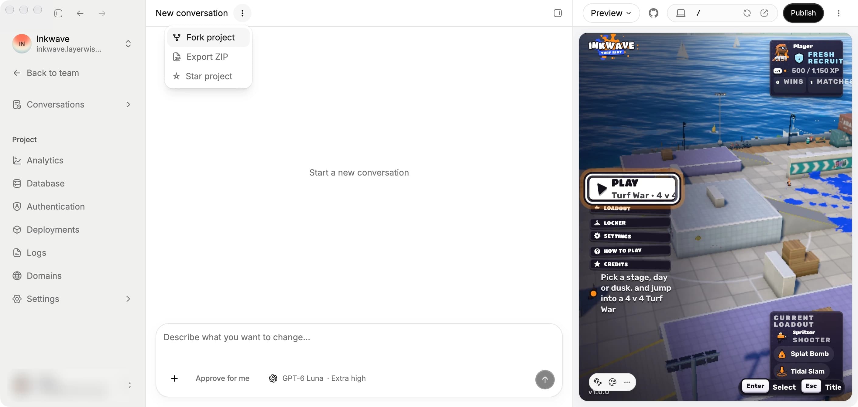 Conversation header menu with Fork project, Export ZIP, and Star project