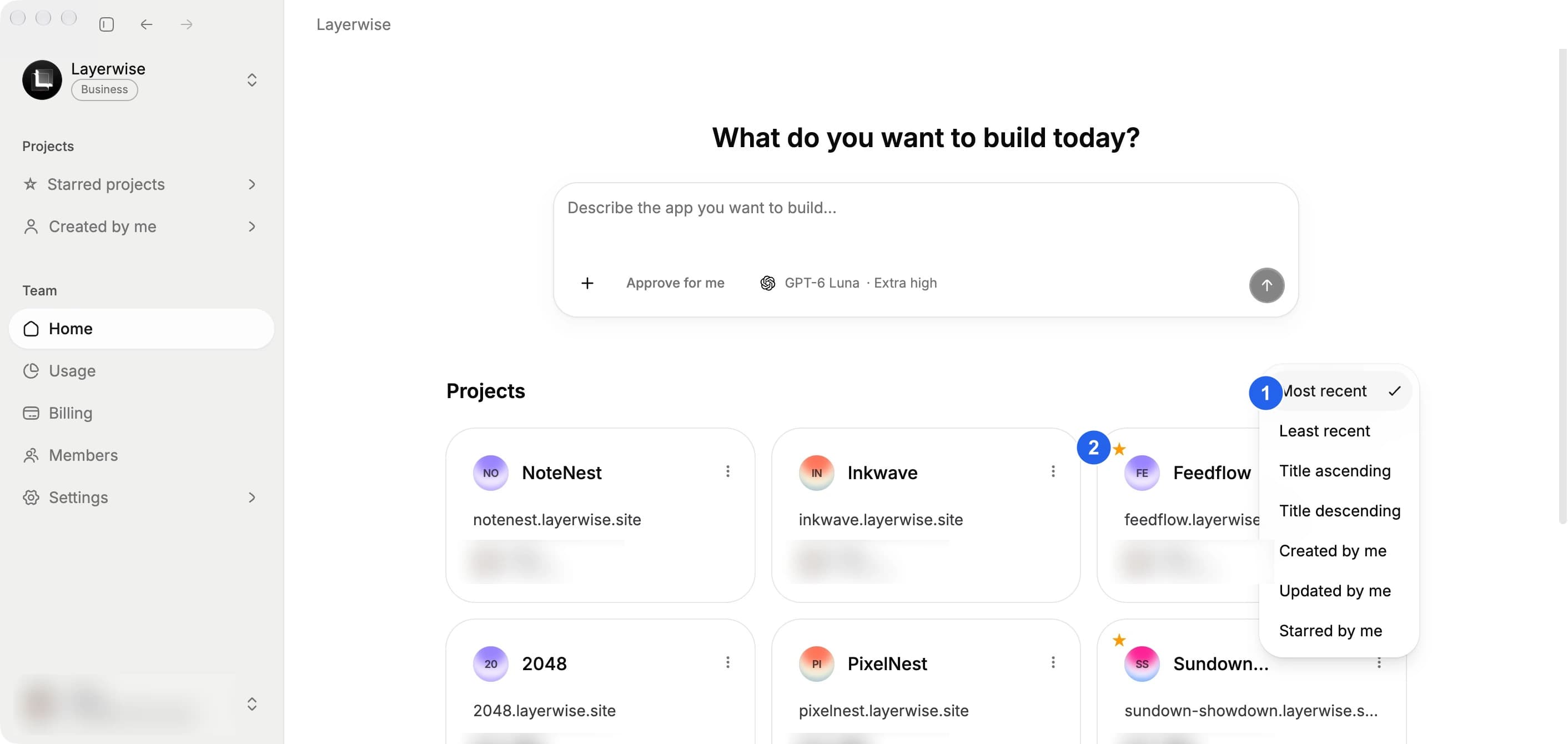 Team project list with the project filter and star indicator marked; author details are blurred