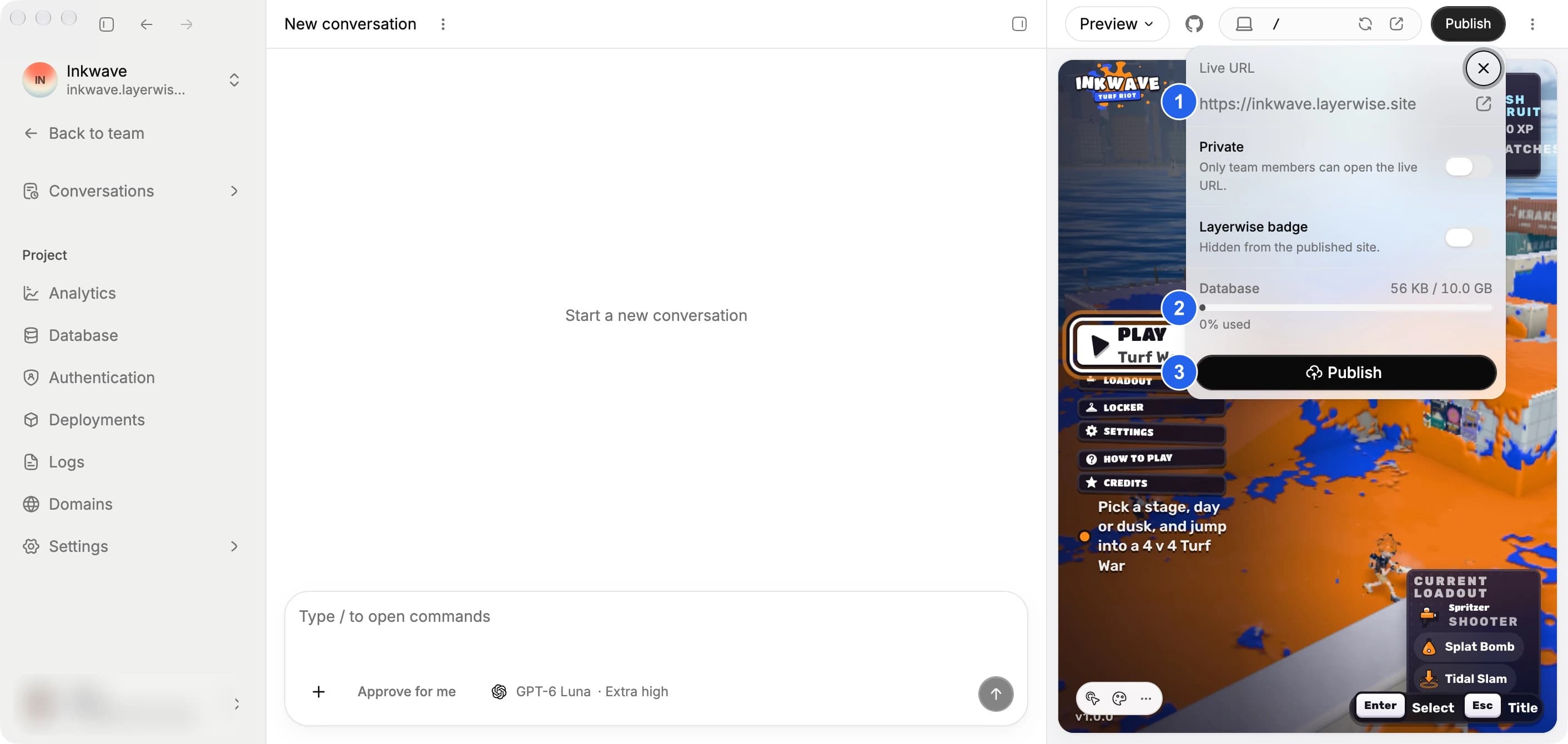 Publish menu showing the live website URL, database storage usage, and Publish button