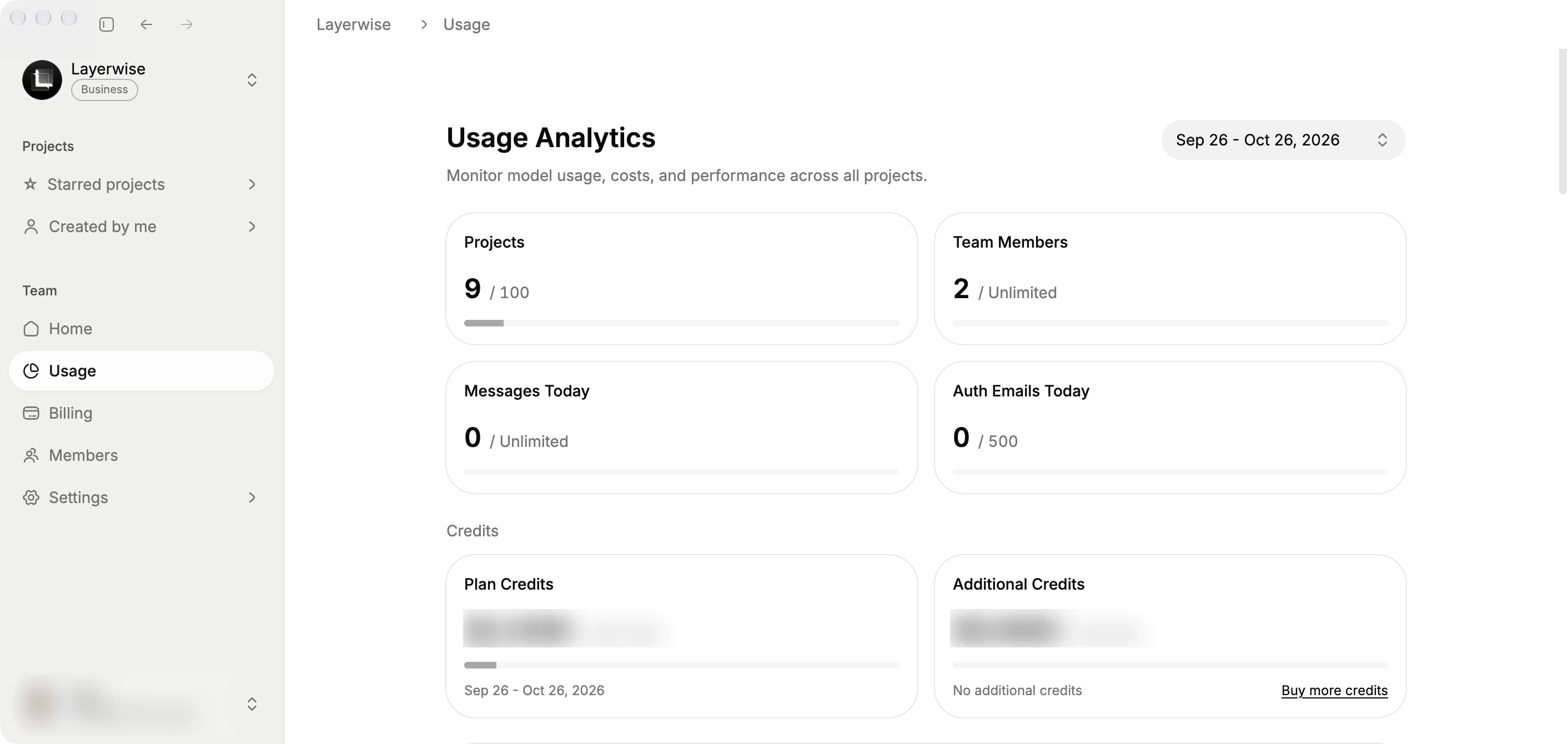 Team Usage page showing usage and cost summaries with financial details blurred