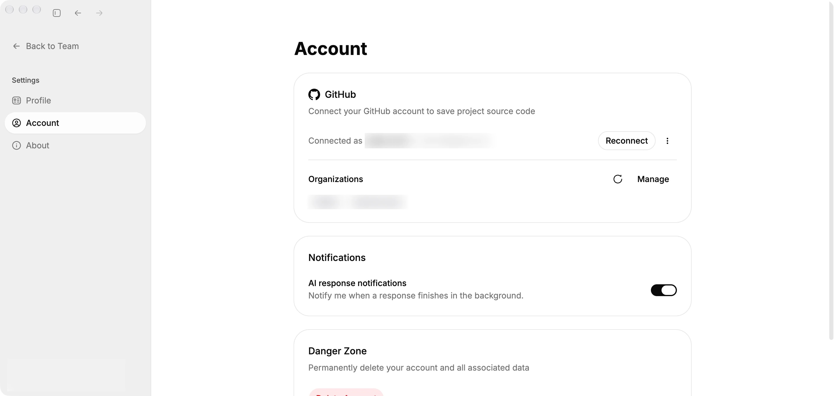 Account settings showing the GitHub connection; account details are blurred