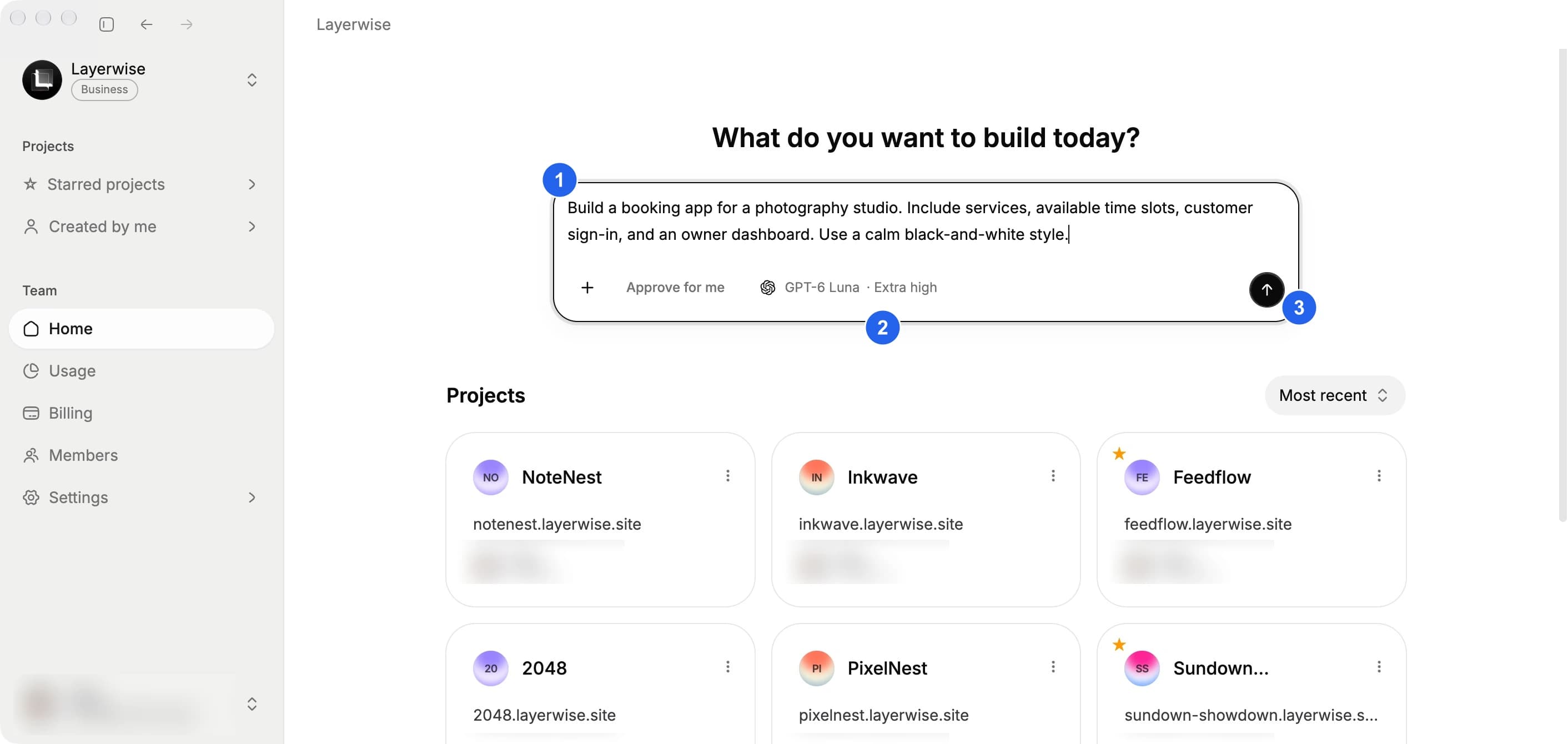 Create a project from the team home page, with the prompt, model picker, and send button marked