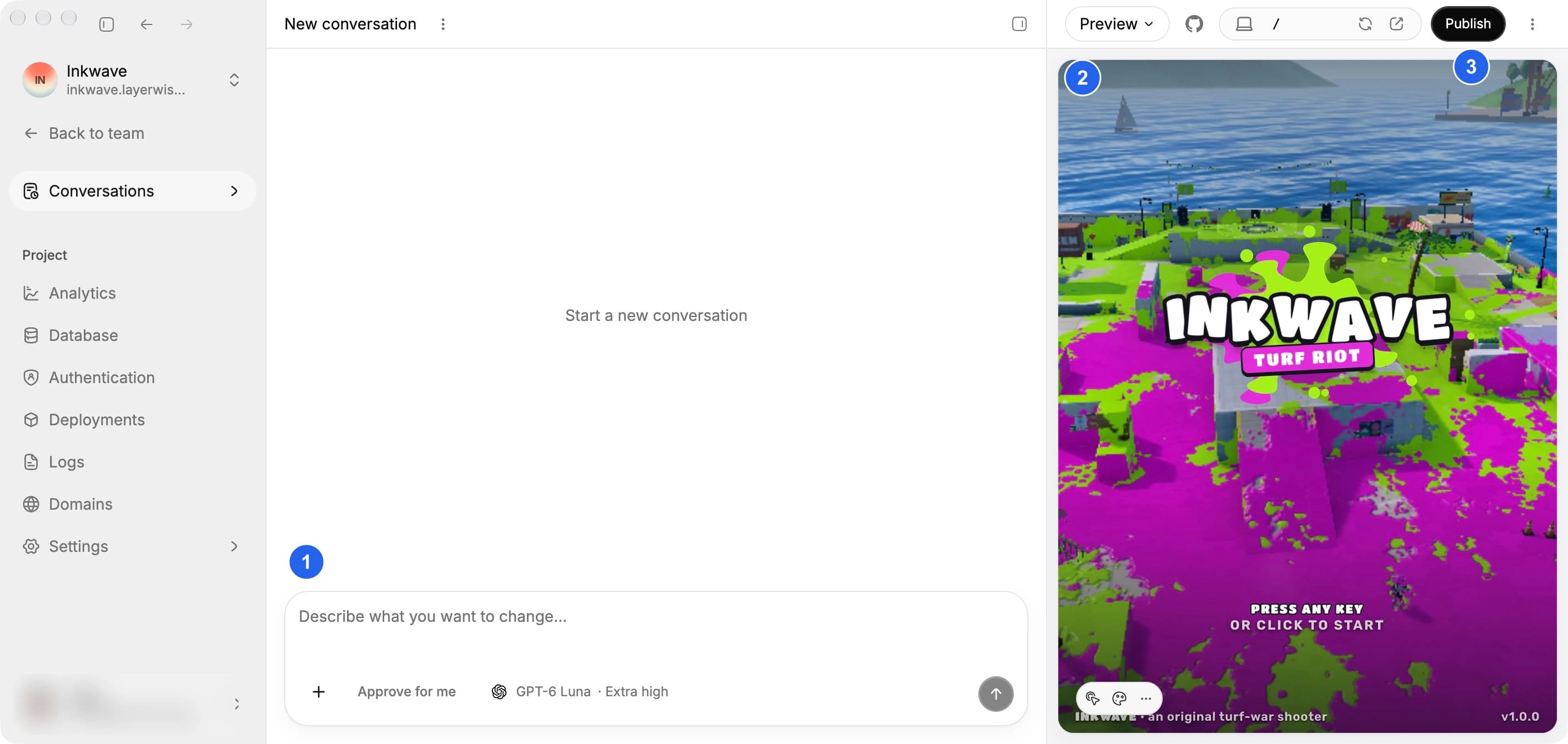 Layerwise project workspace with the conversation, local preview, and Publish control marked
