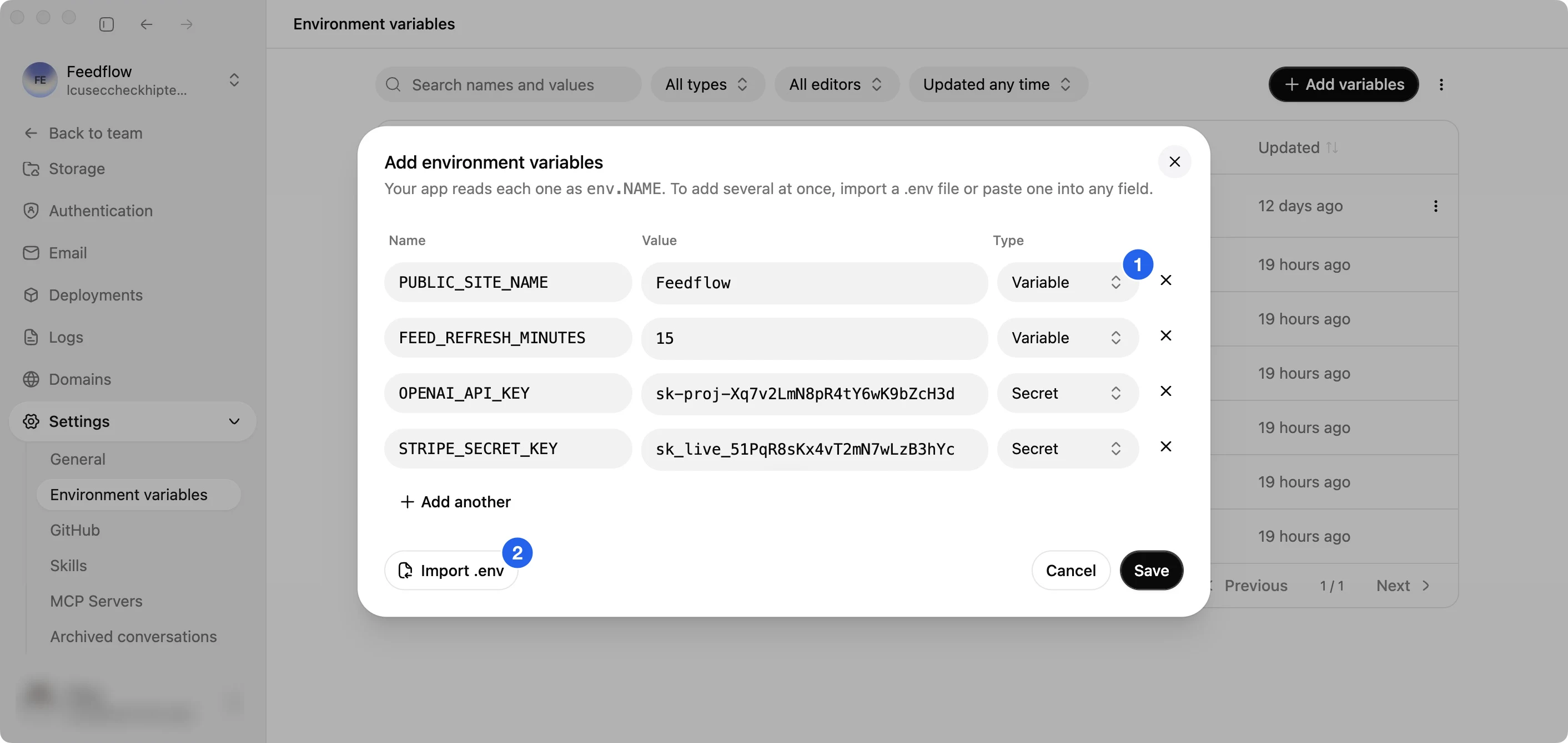 Add environment variables dialog with four rows from a pasted .env file; a row's type and Import .env are marked