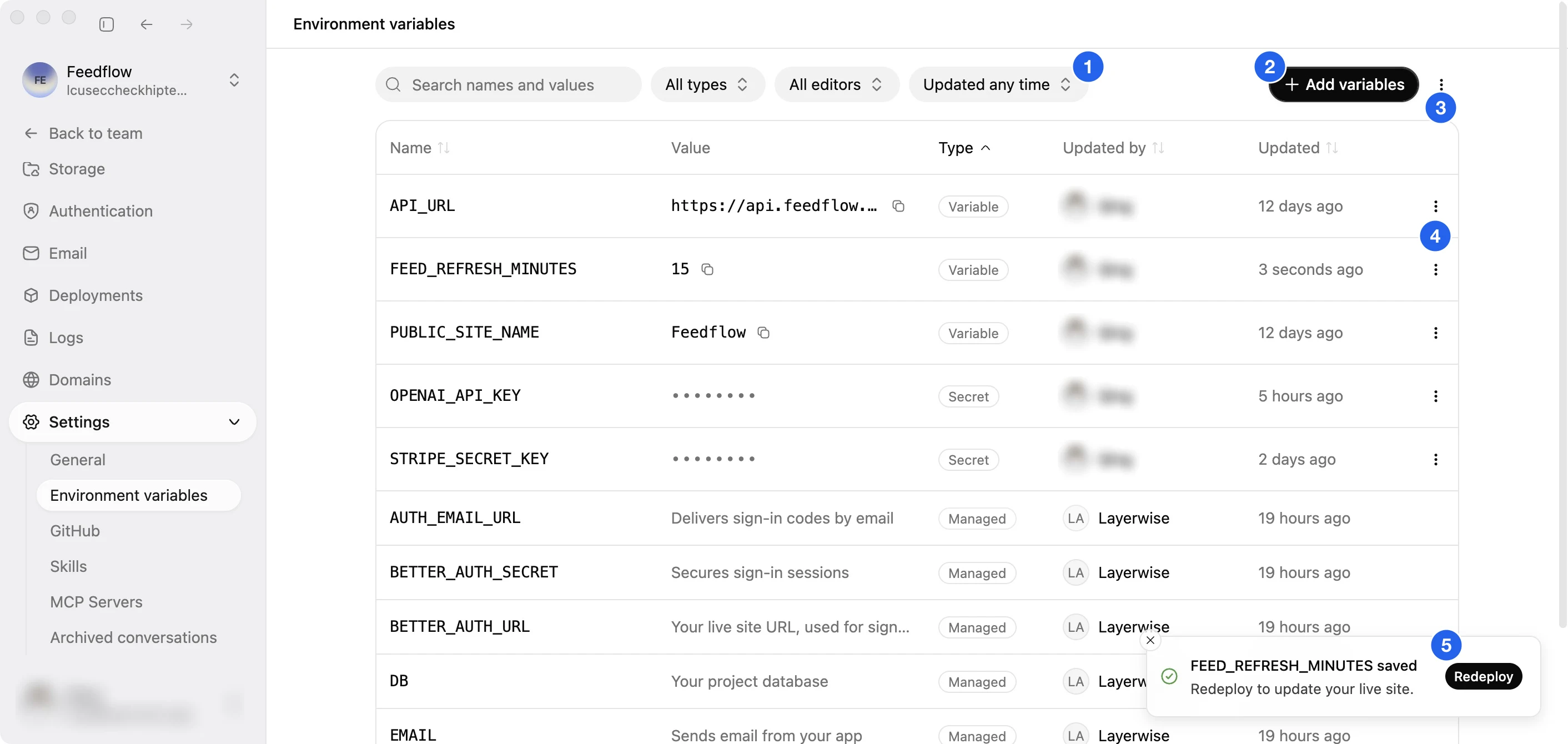 Environment variables page with search and filters, Add variables, the export menu, a row's actions, and Redeploy in a save confirmation marked; editor names are blurred
