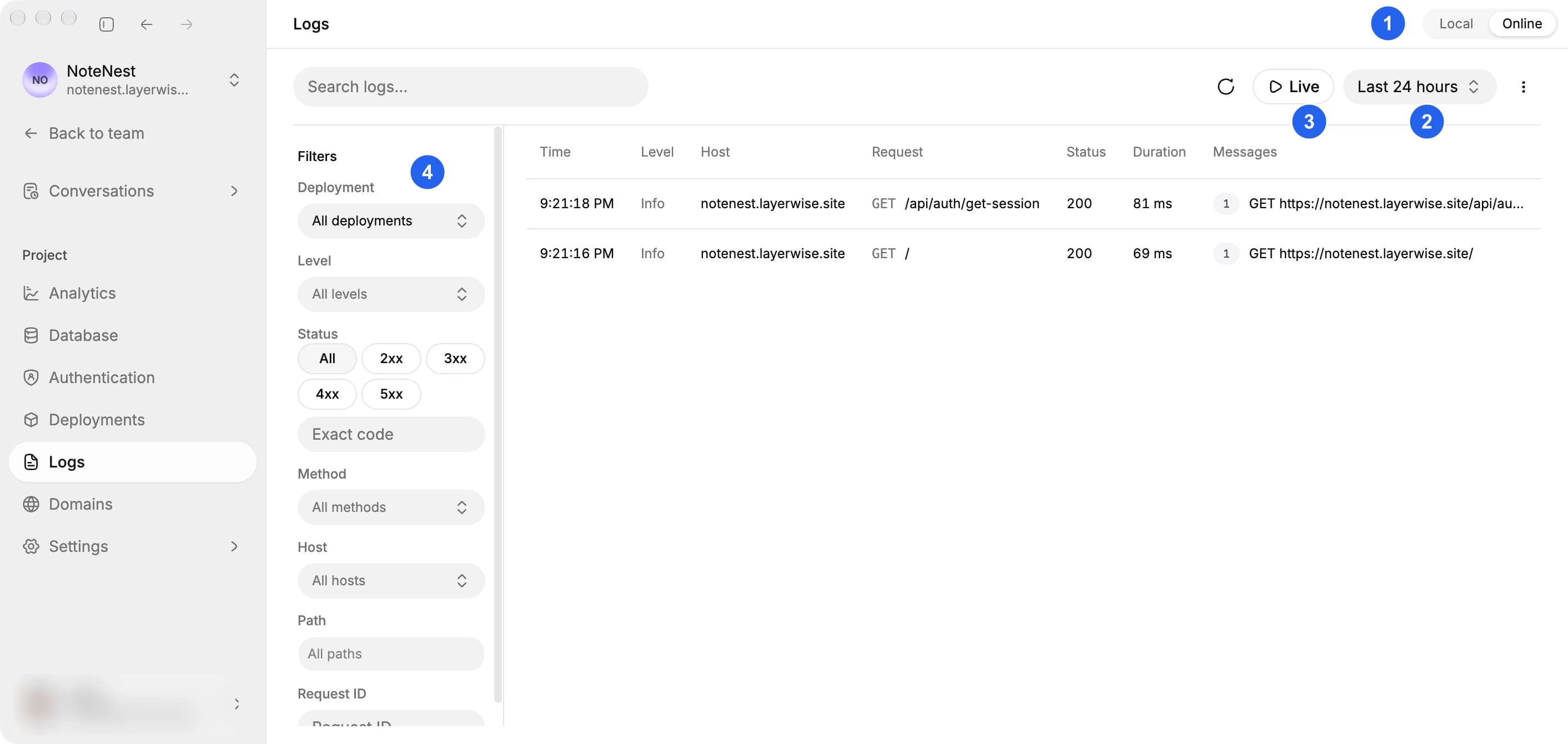 Layerwise server logs view with Local and Online environments, a time range, Live, and request filters