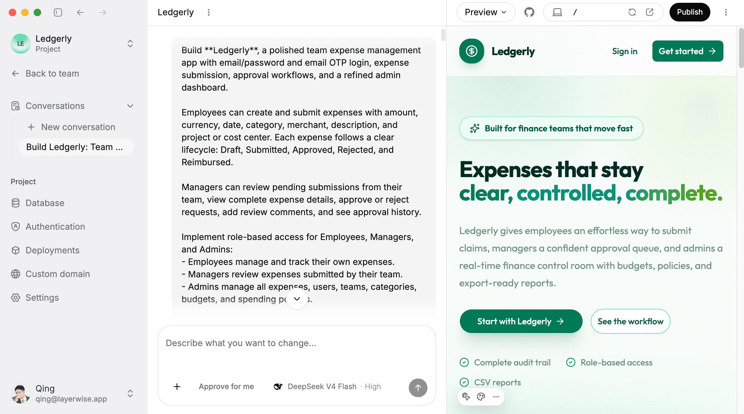 Layerwise workspace building and previewing a full-stack expense app