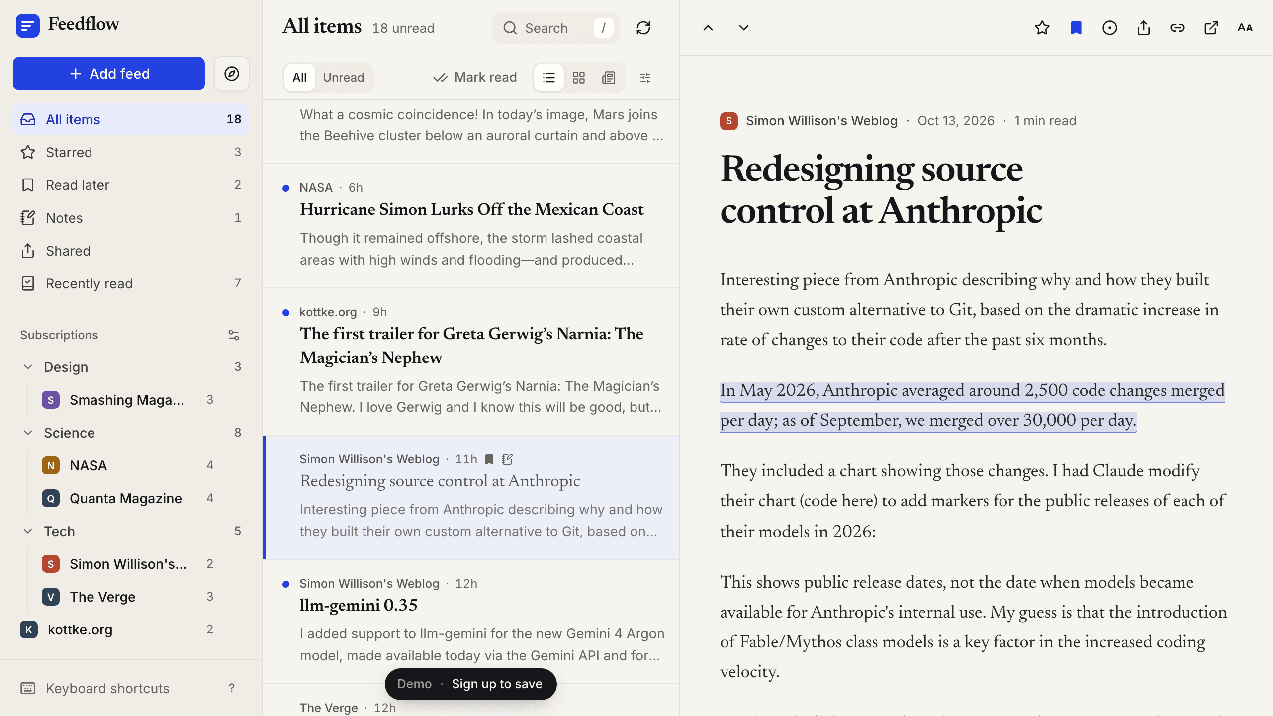 Feedflow RSS reader with folders in the sidebar, a story list, and an open story with a highlighted passage