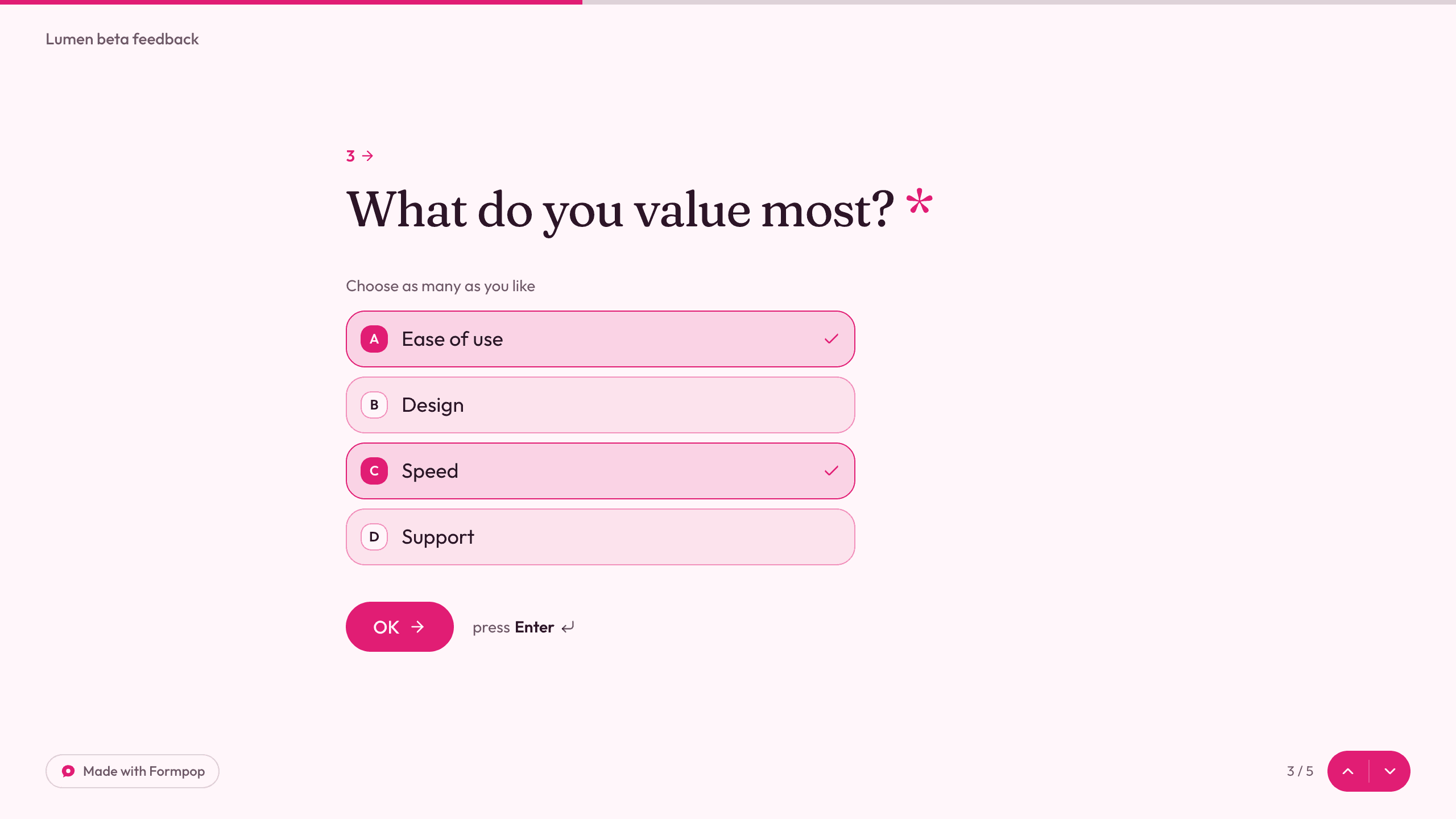 Formpop public form showing question 3 of 5, a multiple-choice question with lettered options, an OK button, and a progress bar