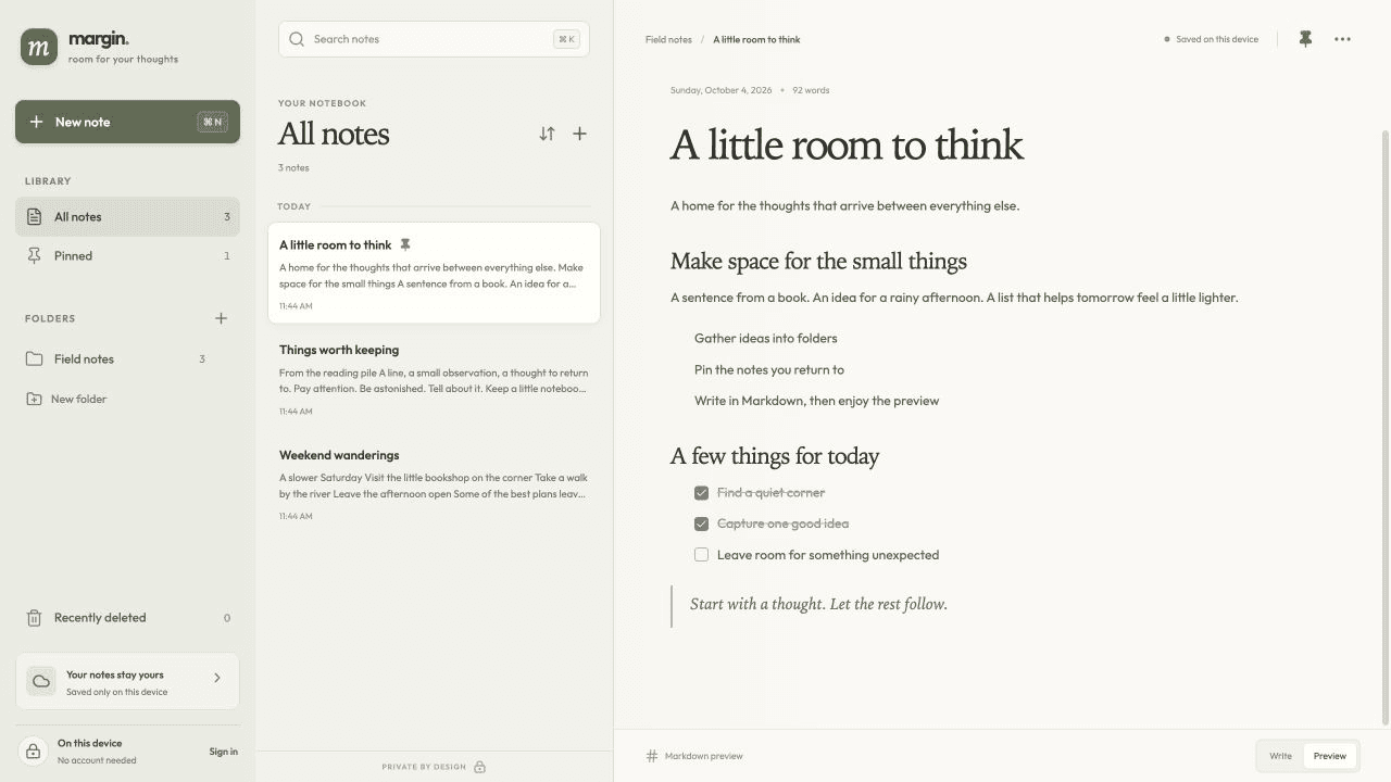 NoteNest published app: A calm notebook with Markdown editing, folders, pinned notes, and optional account sync.