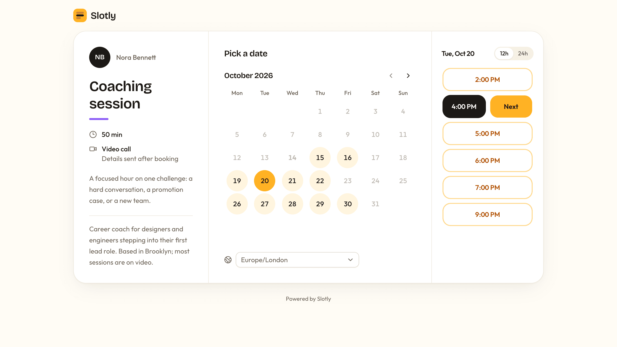 Slotly booking page for a 50-minute coaching session, with an October calendar, open times, and a Europe/London time zone menu