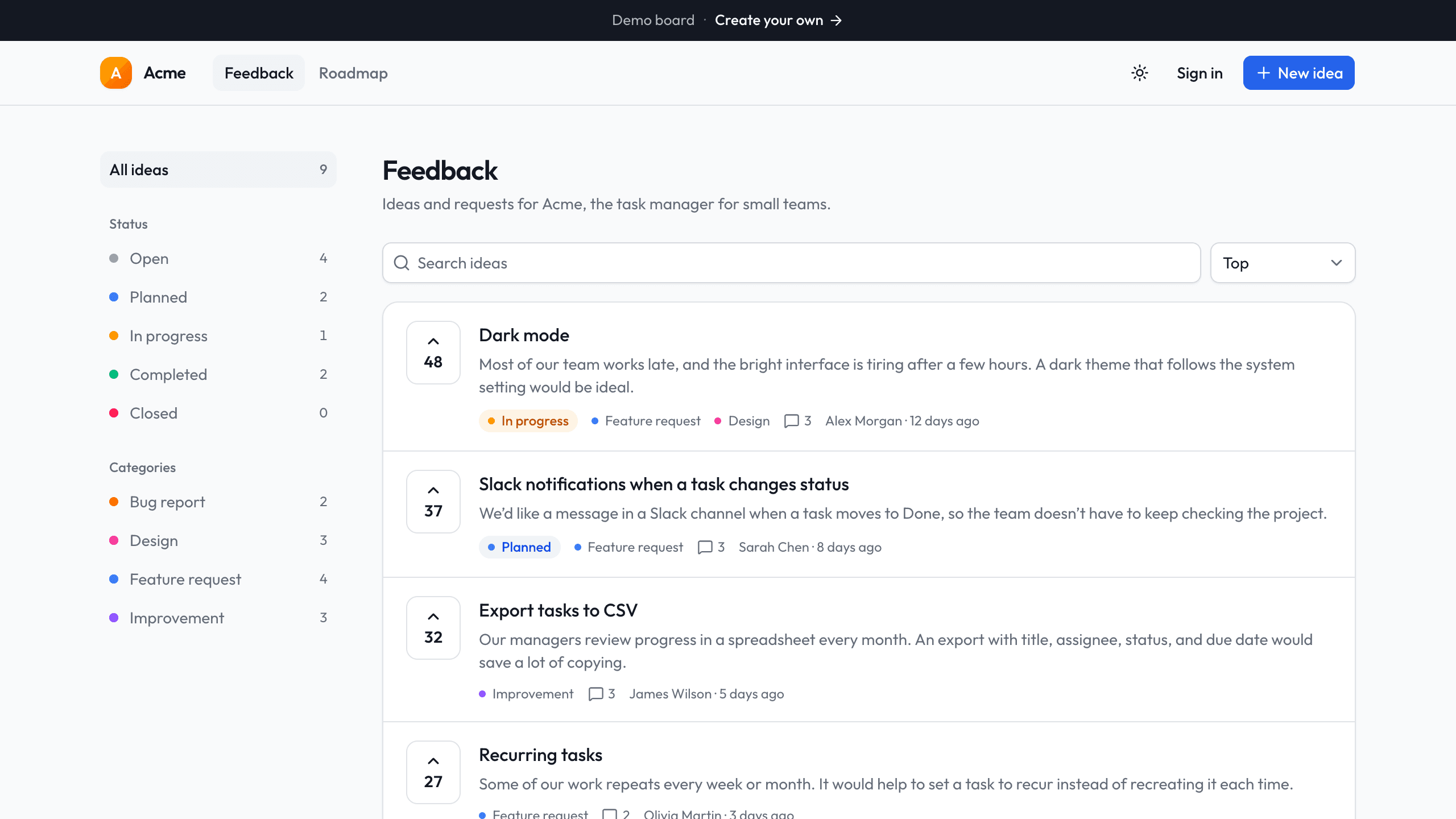 Wishbox demo feedback board with status and category filters, a search box, Top sorting, and ideas ranked by votes